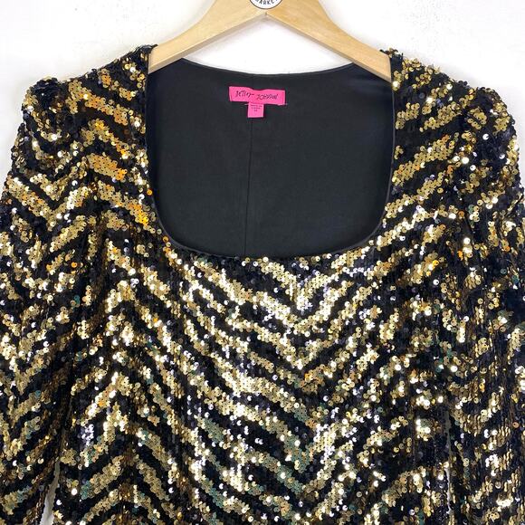 Betsy Johnson Tigress Sequin Cocktail Mini Dress Gold Black Party Holiday Sz M - Picture 3 of 13